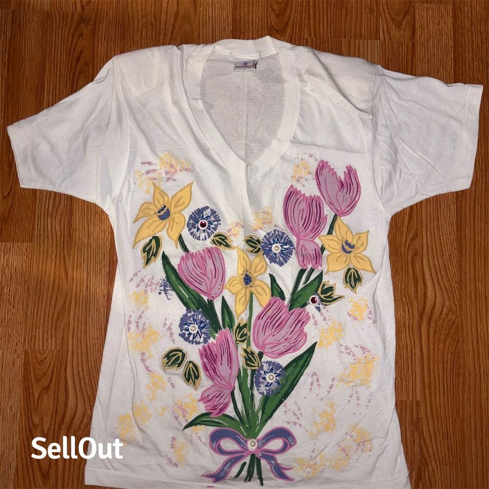 BODYHEAT Vintage Floral Graphic T-Shirt Unisex L Multicolor V-Neck